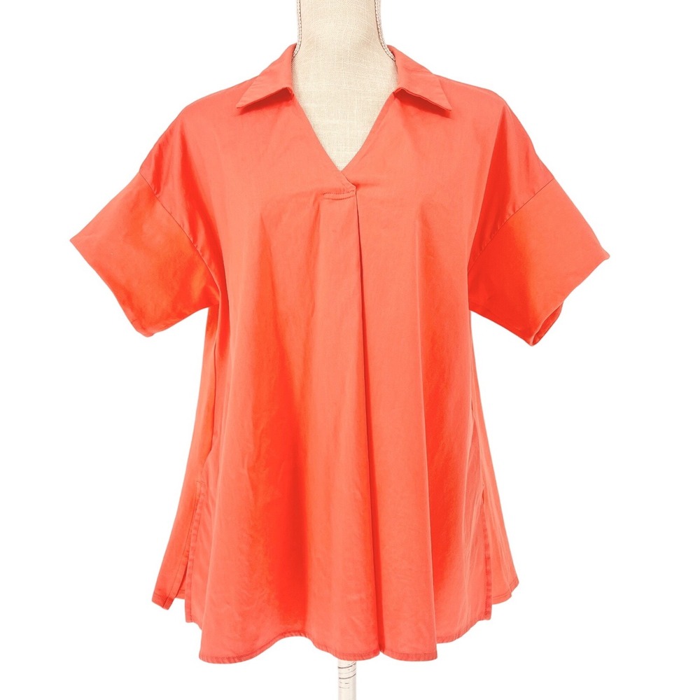 Chico's V-Neck Tunic Top Womens 1 M Orange Mixed Media Poplin Knit Casual Chic